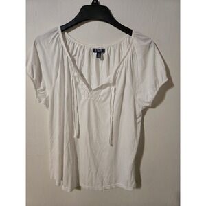 Chaps Denim Womens White Crochet Lace V-Neck Peasant Blouse Top Large L